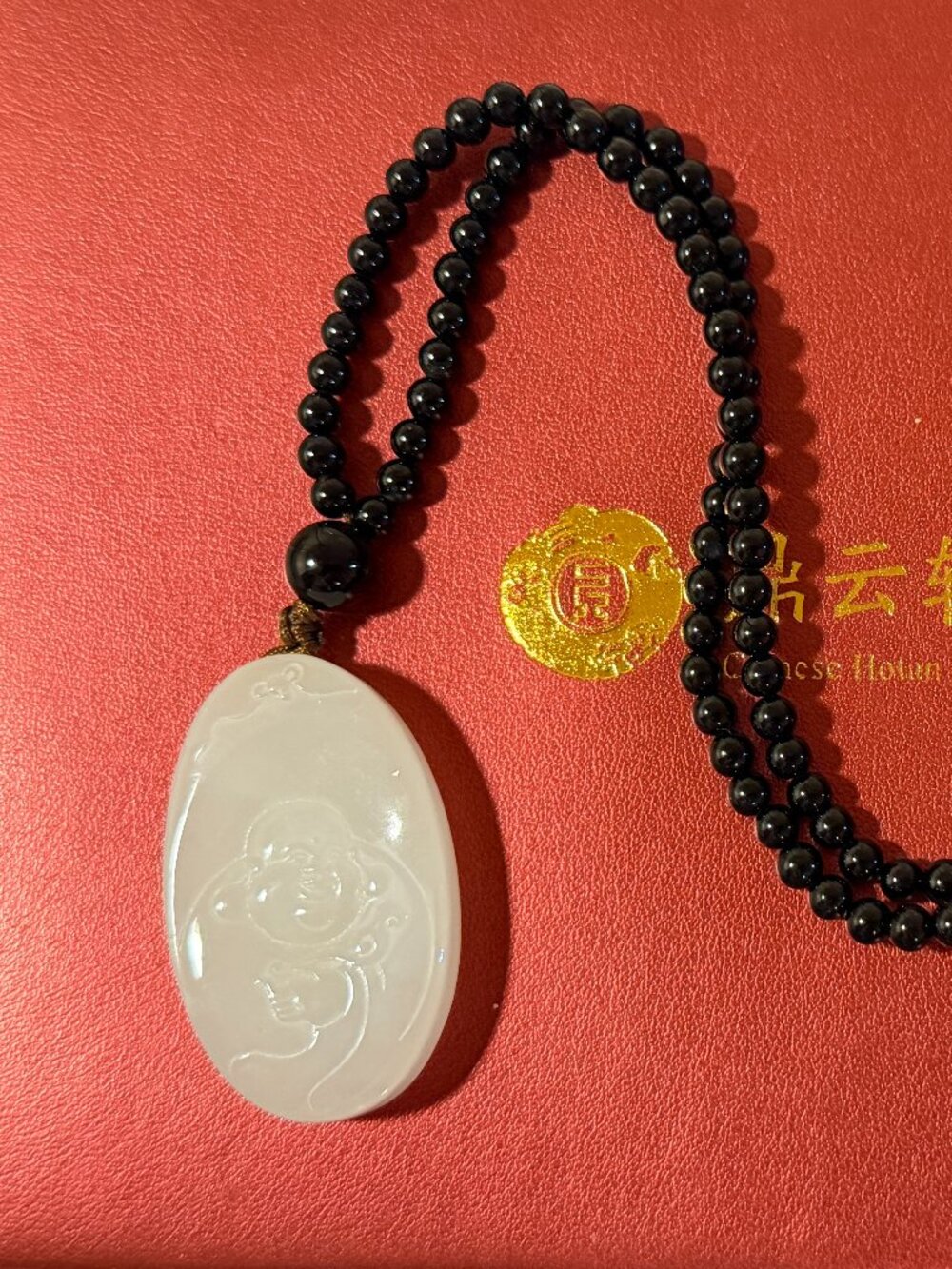 Natural Hetian Jade Buddha Pendant Black Agate Bedded Chain Necklace 24"